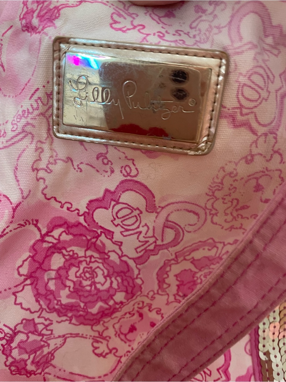 Lilly Pulitzer Pink Floral Tote Interior with Gold Logo Plate